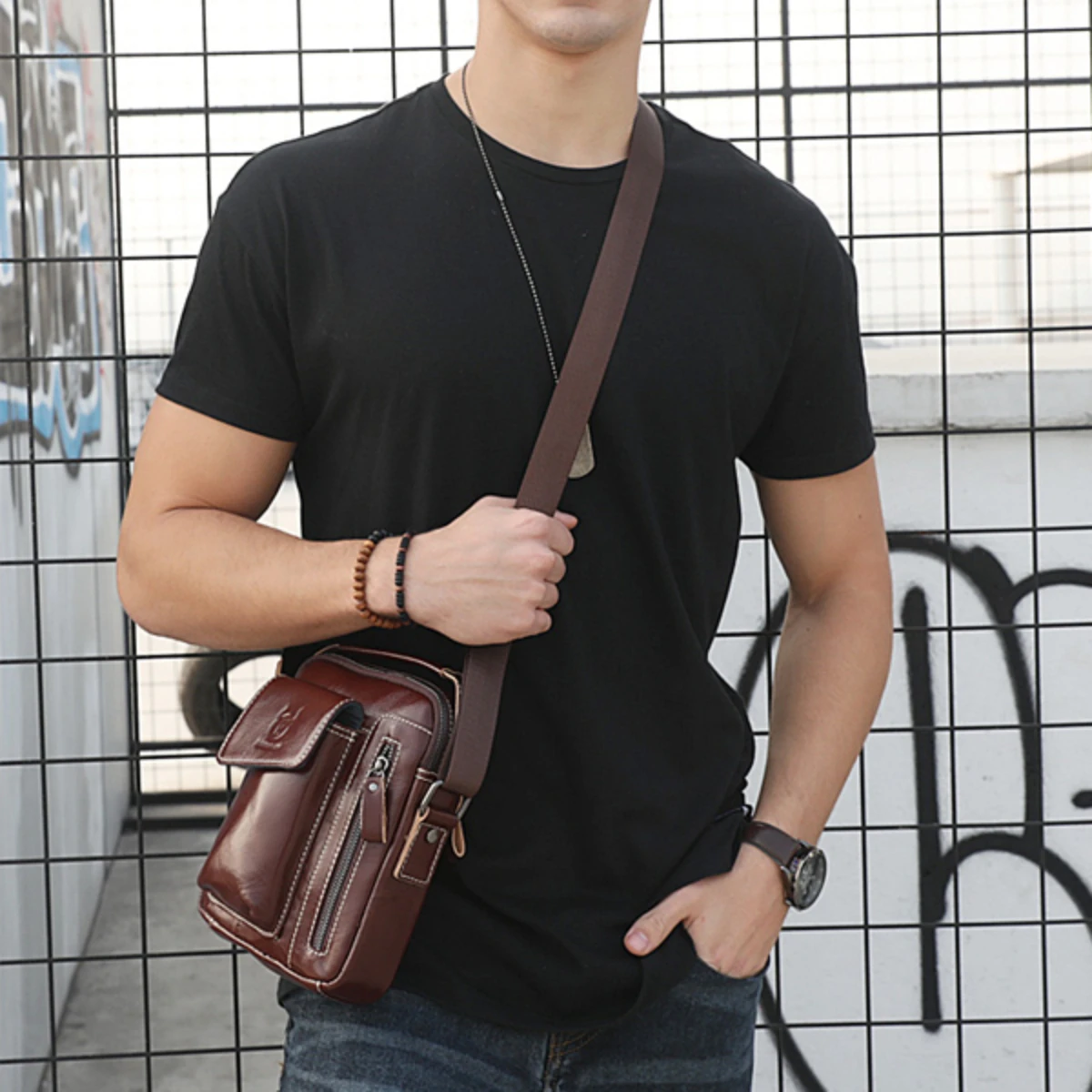 (image for) BULLCAPTAIN Genuine Leather Business Messenger Bag Retro Mini Vintage Shoulder Bag Crossbody Bag for Men Multi-functional Leather Mobile Phone Bags